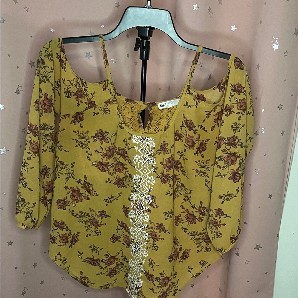 Mustard Floral Blouse with Lace Accent